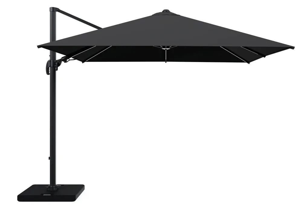Avola zweefparasol met tiltfunctie in zwart aluminium met zwart weather+ softtouch parasoldoek - L1 300 x L2 300 cm met parasolvoet Pedito 120 kg Finale Uitverkoop