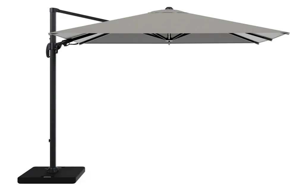 Avola zweefparasol met tiltfunctie in zwart aluminium met grijs weather+ softtouch parasoldoek - L1 200 x L2 300 cm met parasolvoet Pedito 120 kg Bestseller