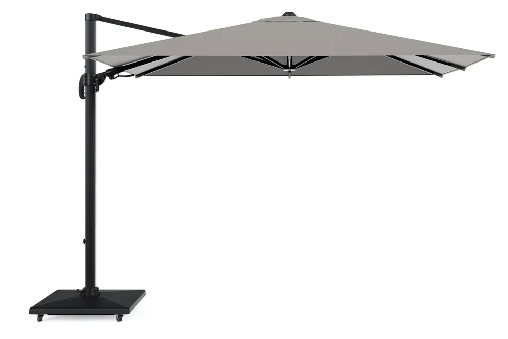 Avola zweefparasol met tiltfunctie in zwart aluminium met grijs weather+ softtouch parasoldoek - L1 200 x L2 300 cm met parasolvoet Avola 90 kg Gratis Retour