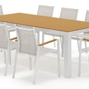 Calzo tuinset rechthoekig in wit aluminium en polywood met 8 Bahia tuinstoelen Laatste Versie