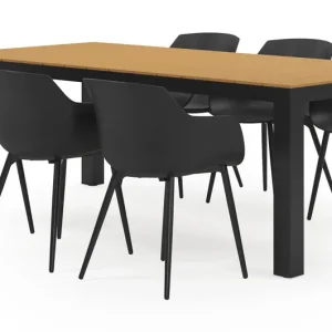Koopje Calzo tuinset in zwart aluminium en polywood tafelblad met 6 Paco tuinstoelen
