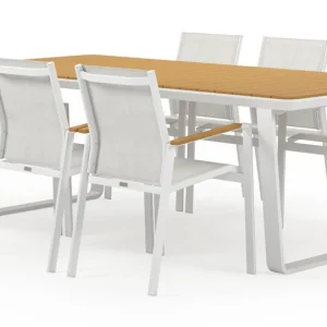 Fabrieksprijs Alora tuinset in wit aluminium en polywood tafelblad met 6 stapelbare Bahia tuinstoelen