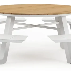 Weekendaanbieding Rondino picknicktafel in wit aluminium en teak tafelblad - Dia. 236 x - Dia. 236 x H 72 cm