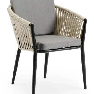Orso tuinstoel in zwart aluminium en beige verticaal geweven vlakke rope met kussen in natte charcoal chine all weather sunbrella® luxe Nu Kopen