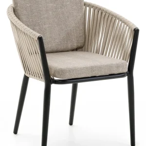 Finale Uitverkoop Orso tuinstoel in zwart aluminium en beige verticaal geweven ronde rope met kussen in chartres pewter all weather sunbrella® luxe