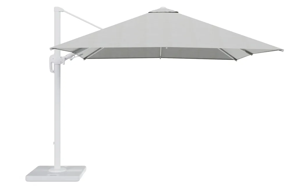 Rufina zweefparasol met tiltfunctie in wit aluminium met grijs all weather sunbrella® premium parasoldoek - L1 300 x L2 300 cm met parasolvoet Lapido 120 kg Nu Kopen