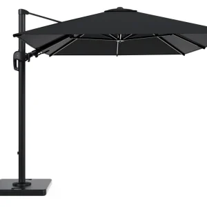 Rufina zweefparasol met tiltfunctie in zwart aluminium met zwart all weather sunbrella® premium parasoldoek - L1 350 x L2 250 cm met parasolvoet Lapido 120 kg Gecertificeerd