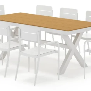 Voordeelprijs Bahia tuinset rechthoekig in wit aluminium en polywood met 8 Salto tuinstoelen