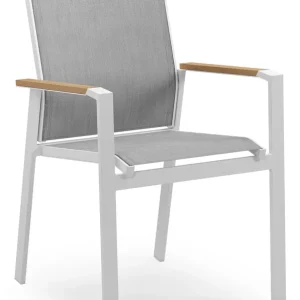 Bahia stapelbare tuinstoel in wit aluminium en grijs textilene en polywood armleuning Must-Have