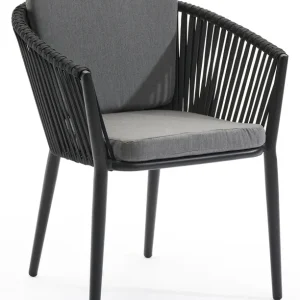 Orso tuinstoel in zwart aluminium en zwart verticaal geweven vlakke rope met kussen in natte charcoal chine all weather sunbrella® luxe Voordeelprijs