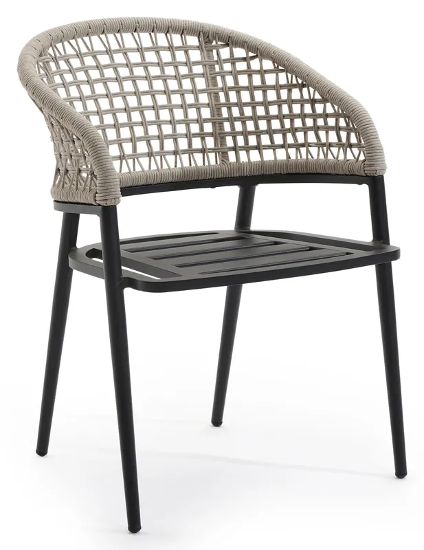 Lacrima tuinstoel in zwart aluminium en beige vierkant geweven ronde rope Lage Prijs