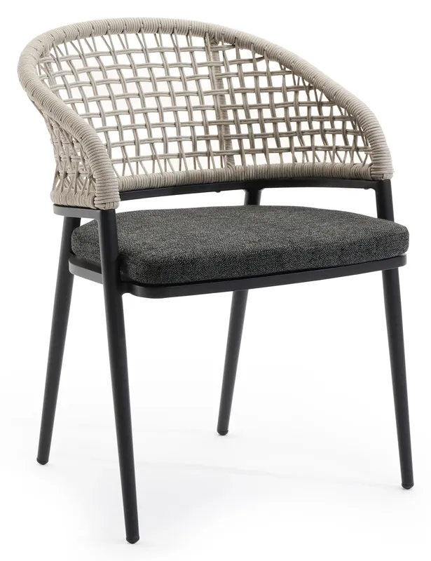 Direct Beschikbaar Lacrima tuinstoel in zwart aluminium en beige vierkant geweven ronde rope met kussen in chartres sooty all weather sunbrella® luxe