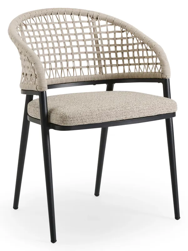 Lacrima tuinstoel in zwart aluminium en beige vierkant geweven rope met kussen in catania beige All Weather Cosytica Weekendaanbieding
