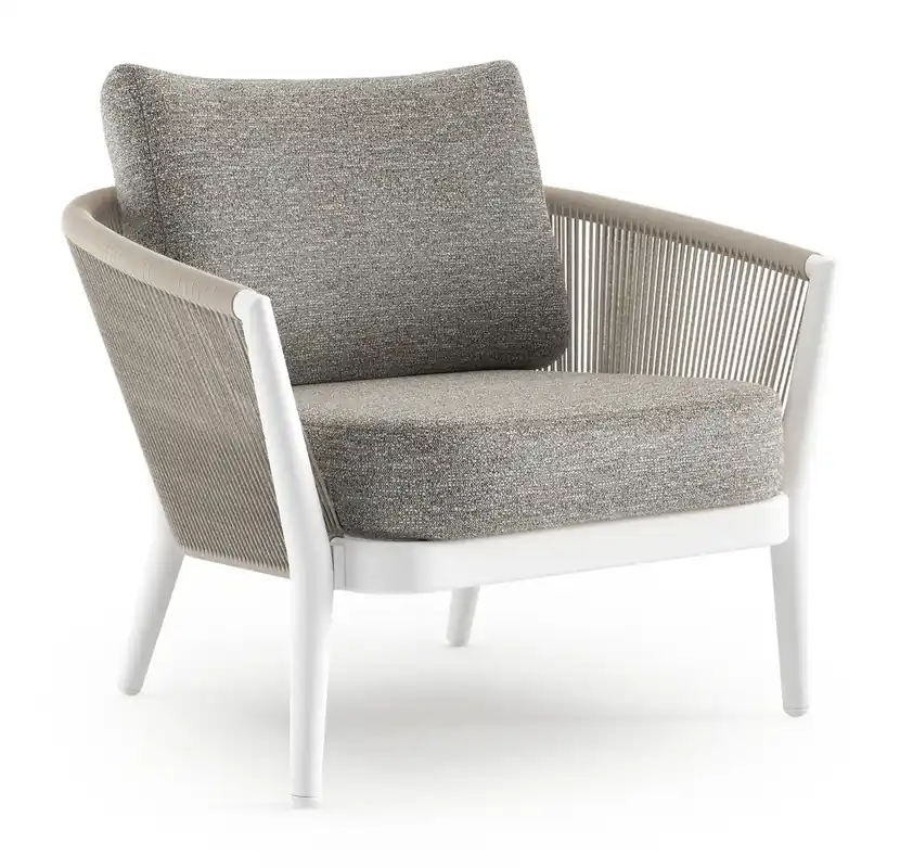 Orso loungestoel in wit aluminium en beige verticaal geweven ronde rope met Tundra Pepper all weather sunbrella® luxe kussen Hete Deal