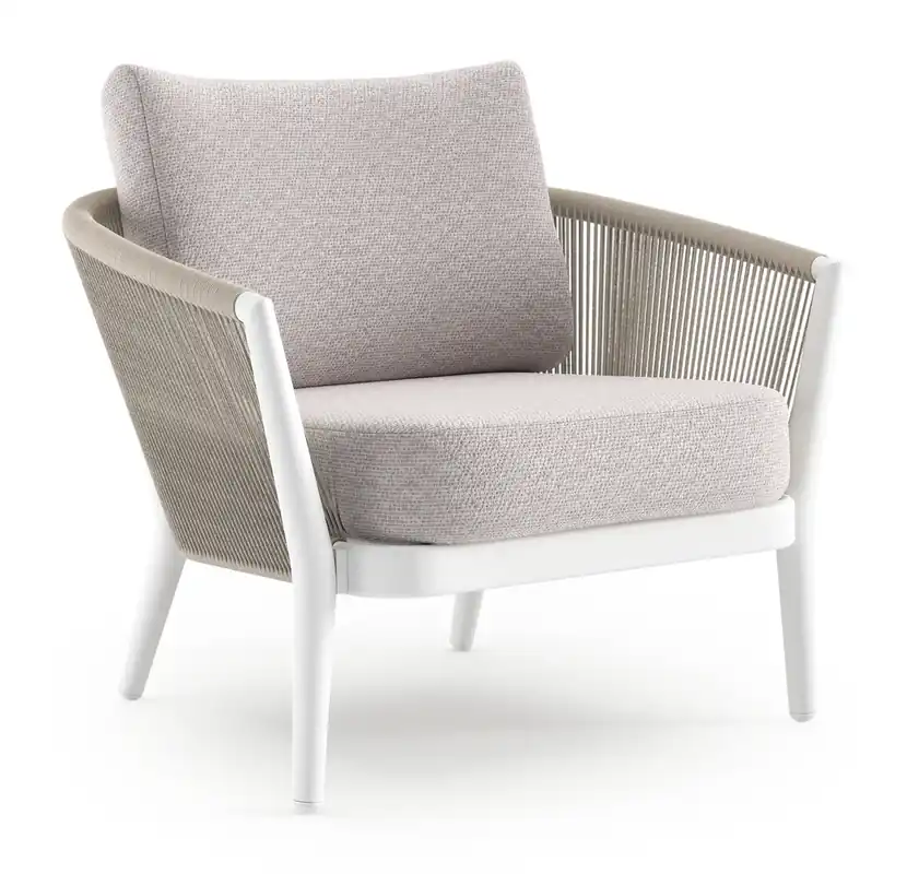 Betrouwbaar Orso loungestoel in wit aluminium en beige verticaal geweven ronde rope met Wander Gobi all weather sunbrella® luxe kussen