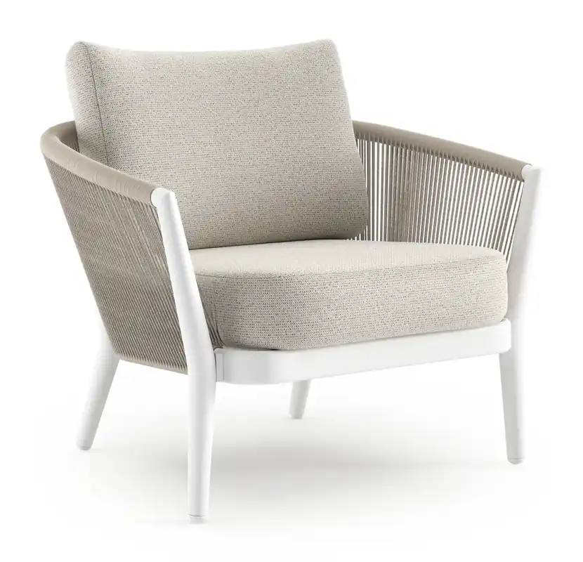 Orso loungestoel in wit aluminium en beige verticaal geweven ronde rope met Firenze Natural all weather solica kussen Koop Online
