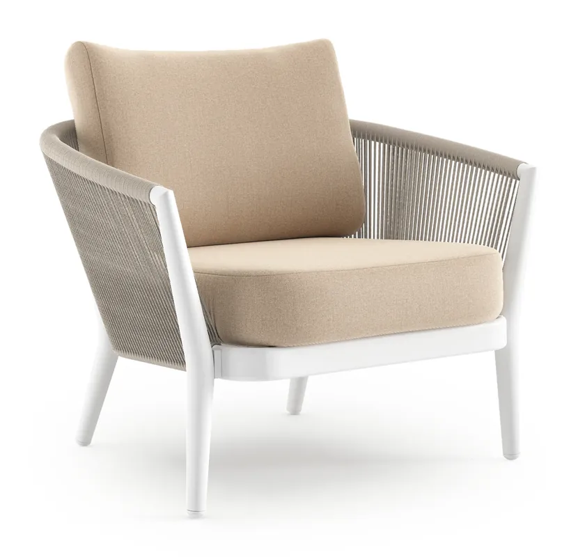 Speciale Aanbieding Orso loungestoel in wit aluminium en beige verticaal geweven ronde rope met Natte Heather Beige all weather sunbrella® luxe kussen