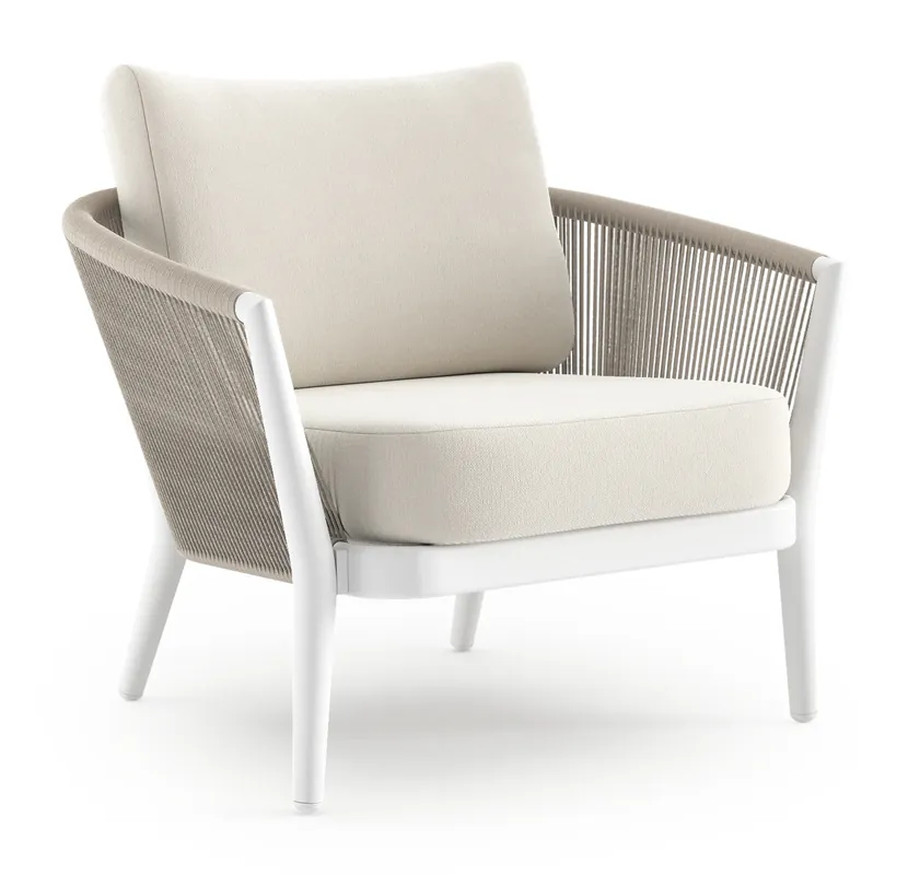 Uitverkoop Orso loungestoel in wit aluminium en beige verticaal geweven ronde rope met Savane White all weather sunbrella® luxe kussen