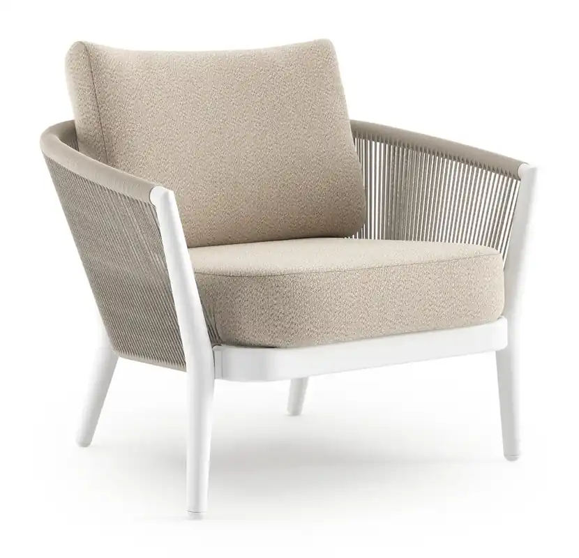 Orso loungestoel in wit aluminium en beige verticaal geweven ronde rope met Lopi Sand all weather sunbrella® luxe kussen Laatste Versie
