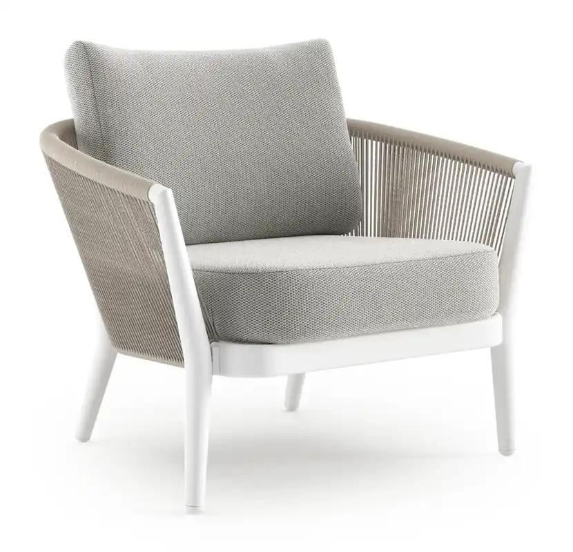 Orso loungestoel in wit aluminium en beige verticaal geweven ronde rope met Lopi Ash all weather sunbrella® luxe kussen Voordeelprijs