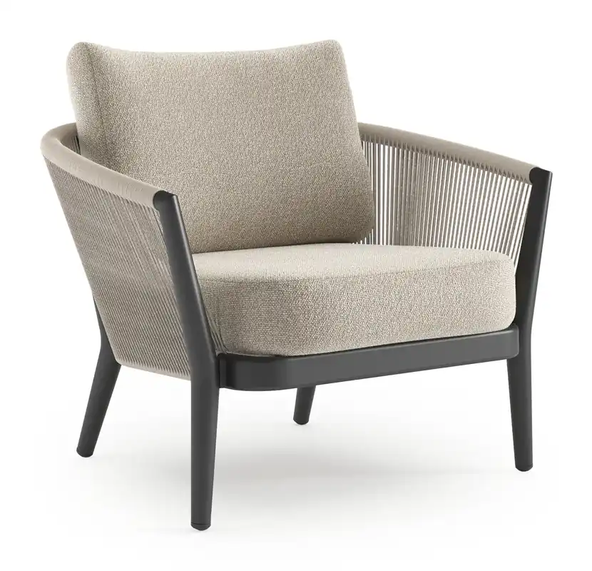 Orso loungestoel in zwart aluminium en beige verticaal geweven ronde rope met Marbella Ecru all weather cosytica kussen Laatste Kans