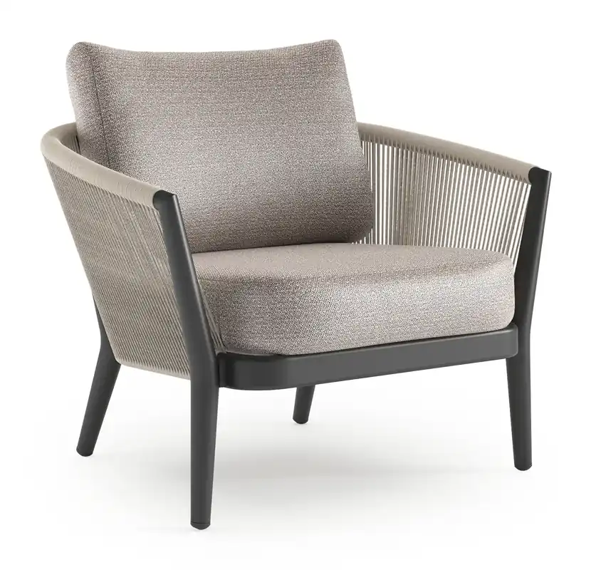 Populair Orso loungestoel in zwart aluminium en beige verticaal geweven ronde rope met Wander Granite all weather sunbrella® luxe kussen