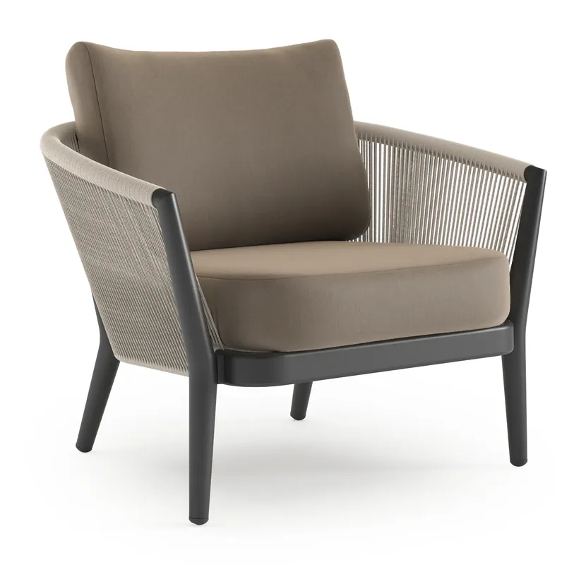 Gecertificeerd Orso loungestoel in zwart aluminium en beige verticaal geweven ronde rope met Natte Heather Grey all weather sunbrella® luxe kussen