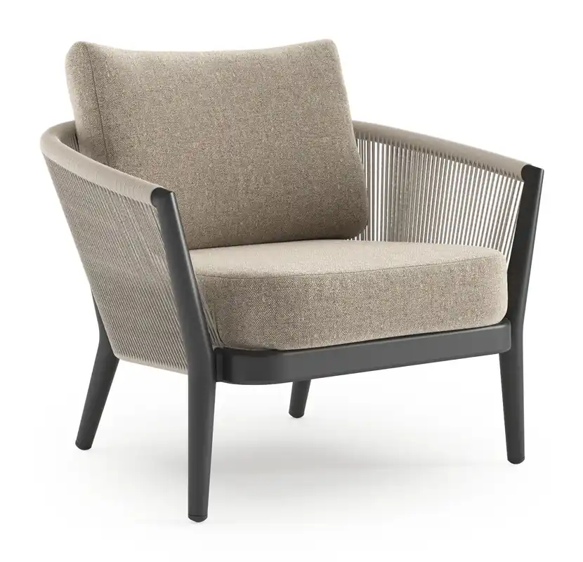 Superprijs Orso loungestoel in zwart aluminium en beige verticaal geweven ronde rope met Chartres Pewter all weather sunbrella® luxe kussen