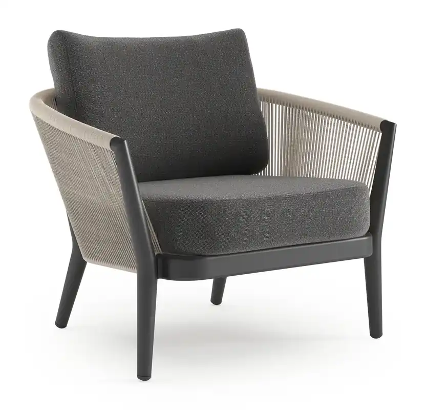 Hoge Kwaliteit Orso loungestoel in zwart aluminium en beige verticaal geweven ronde rope met Savane Tornado all weather sunbrella® luxe kussen
