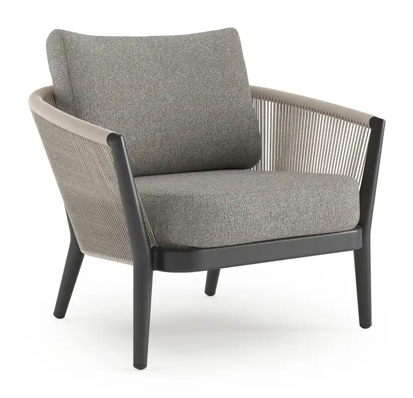 Orso loungestoel in zwart aluminium en beige verticaal geweven ronde rope met Tundra Charcoal all weather sunbrella® luxe kussen Speciale Aanbieding