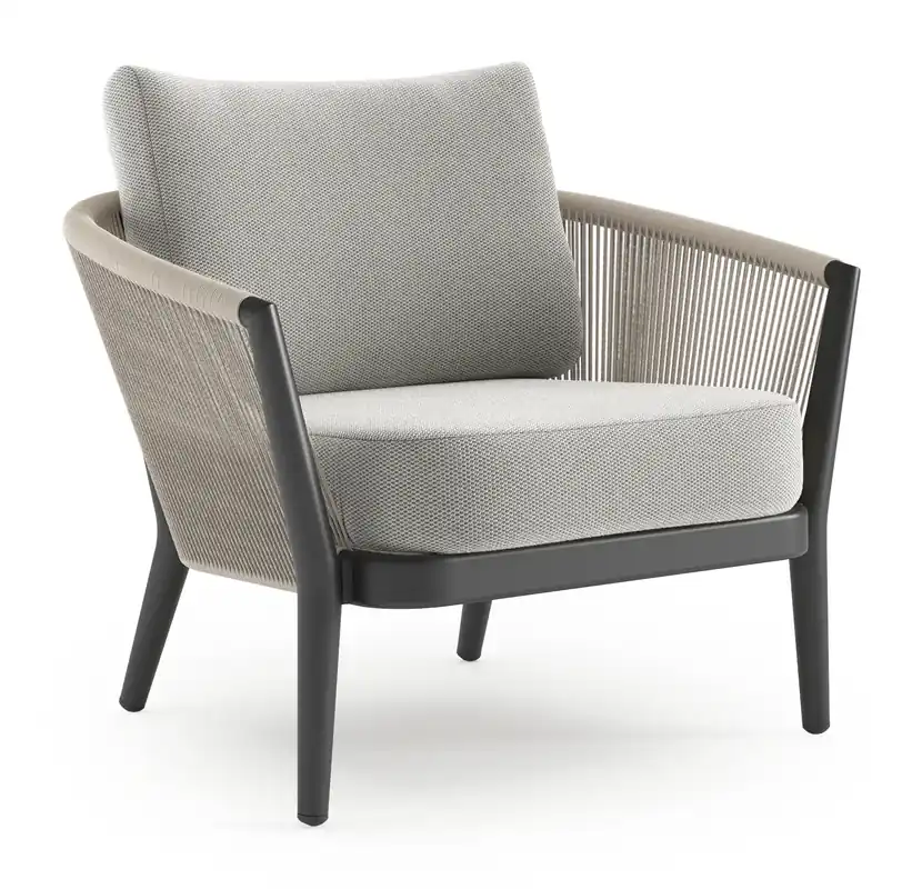 Fabrieksprijs Orso loungestoel in zwart aluminium en beige verticaal geweven ronde rope met Lopi Ash all weather sunbrella® luxe kussen