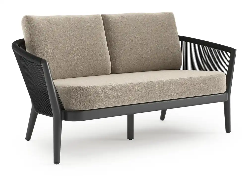 Orso loungebank in zwart aluminium en zwart verticaal geweven ronde rope met Chartres Pewter all weather sunbrella® luxe kussen Populair