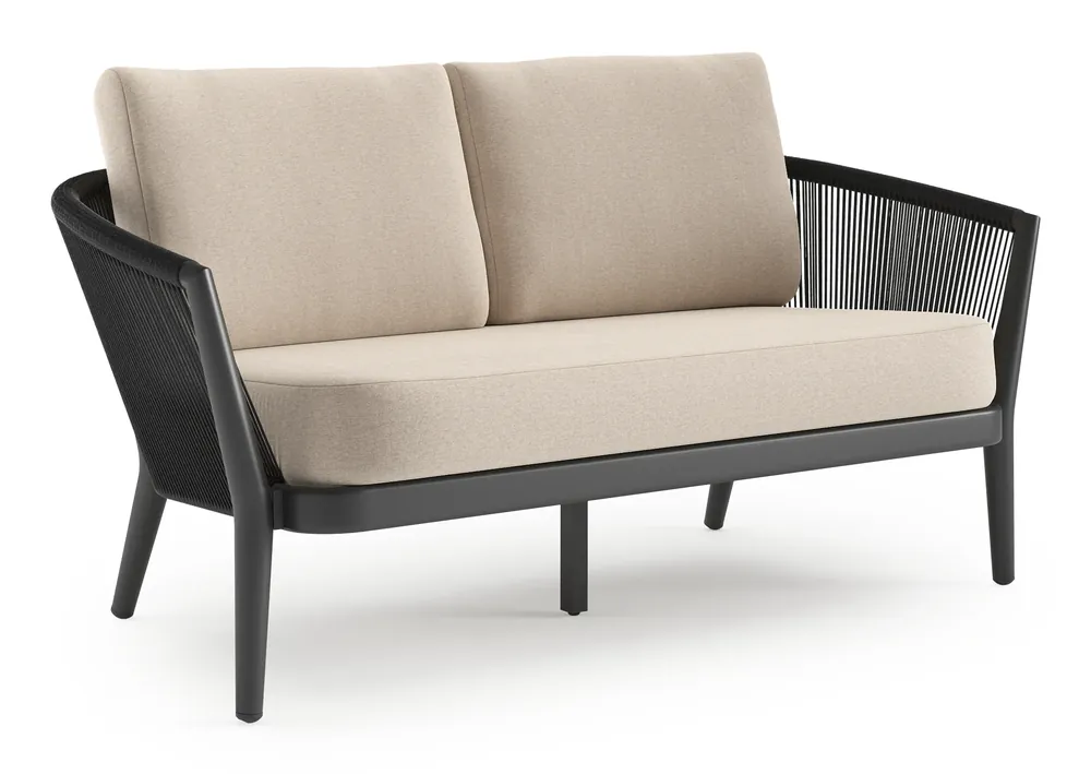 Orso loungebank in zwart aluminium en zwart verticaal geweven ronde rope met Heritage Ash all weather sunbrella® luxe kussen Tijdelijk Beschikbaar