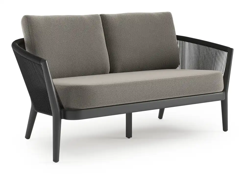 Orso loungebank in zwart aluminium en zwart verticaal geweven ronde rope met Lopi Charcoal all weather sunbrella® luxe kussen Finale Uitverkoop