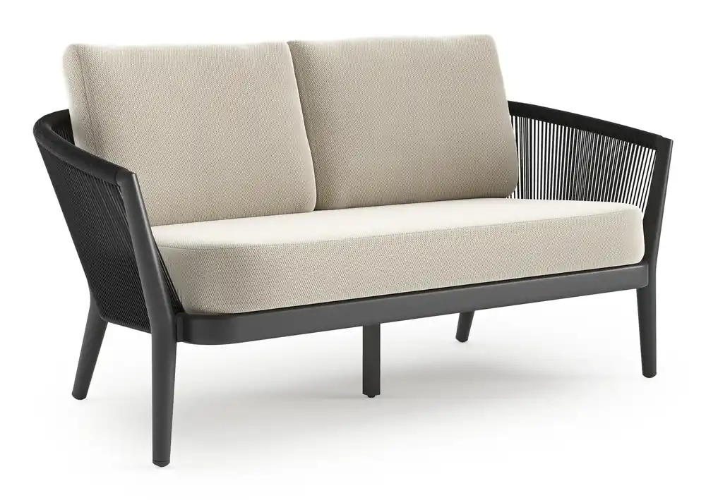 Orso loungebank in zwart aluminium en zwart verticaal geweven ronde rope met Lopi Marble all weather sunbrella® luxe kussen Voordeelprijs