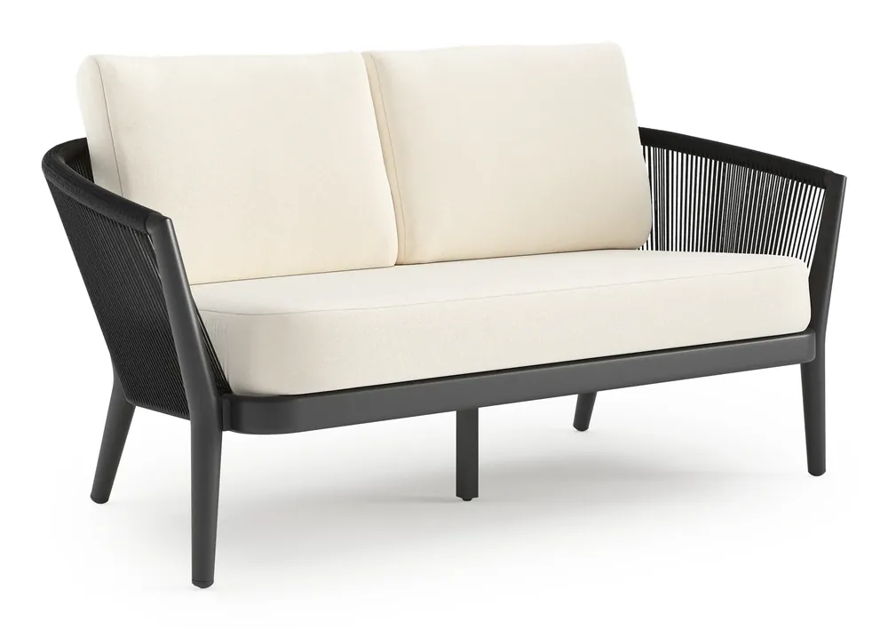 Orso loungebank in zwart aluminium en zwart verticaal geweven ronde rope met Natte White all weather sunbrella® luxe kussen Beste Prijs