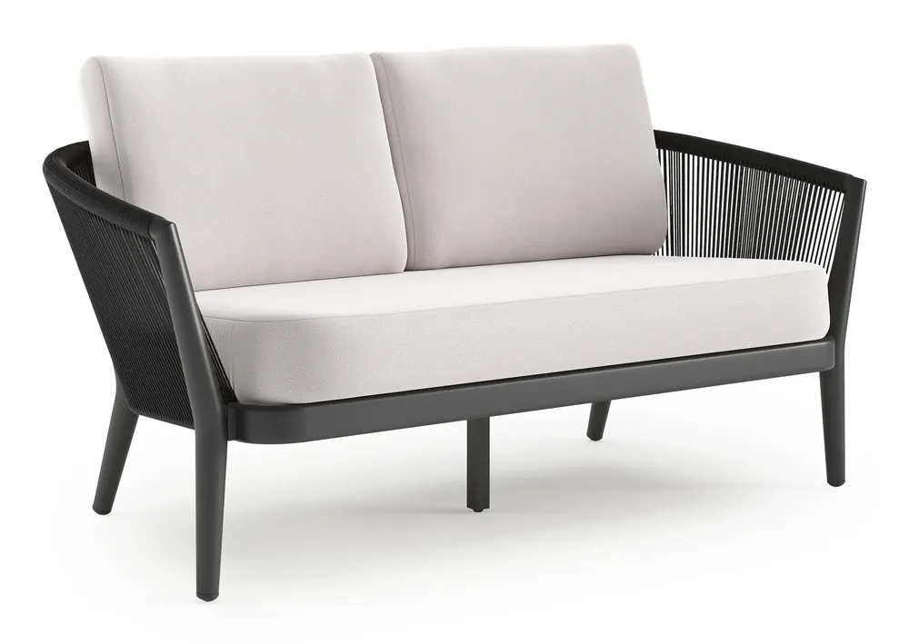 Merkproduct Orso loungebank in zwart aluminium en zwart verticaal geweven ronde rope met Savane Whisper all weather sunbrella® luxe kussen