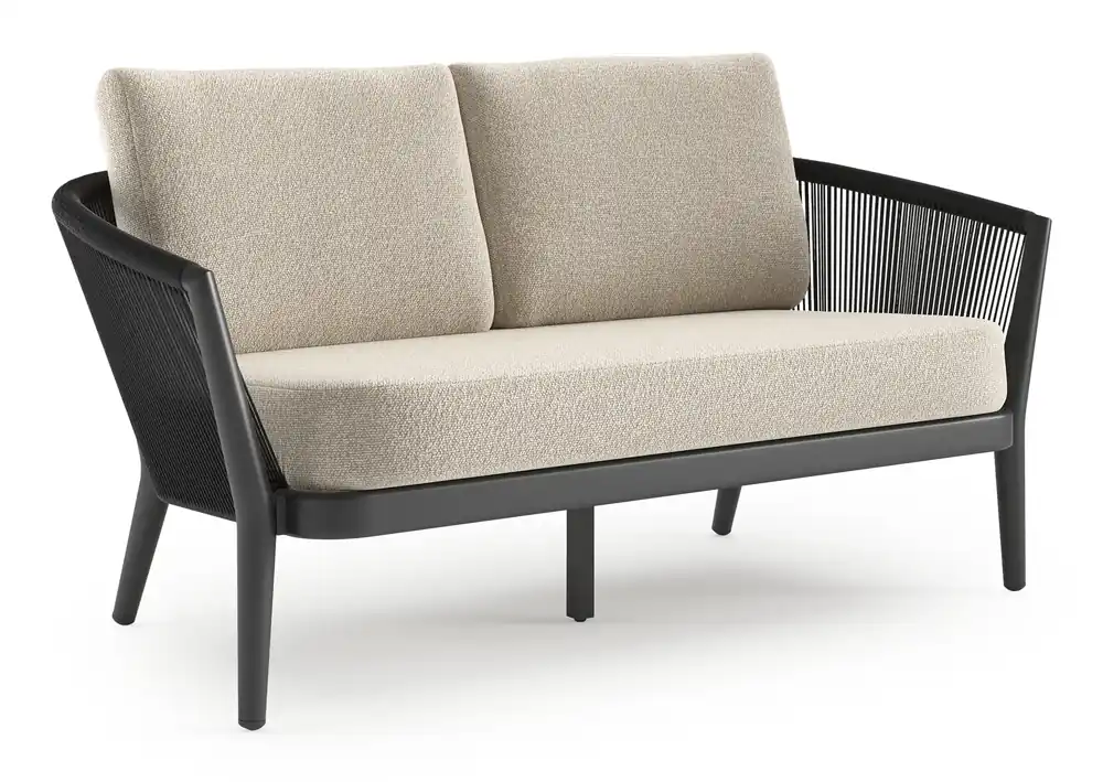 Orso loungebank in zwart aluminium en zwart verticaal geweven ronde rope met Marbella Ecru all weather cosytica kussen Must-Have