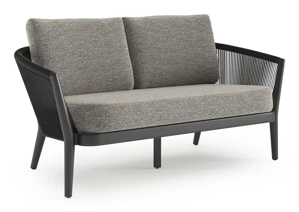 Beperkt Aanbod Orso loungebank in zwart aluminium en zwart verticaal geweven ronde rope met Tundra Pepper all weather sunbrella® luxe kussen