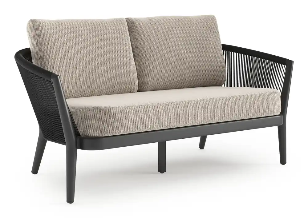 Orso loungebank in zwart aluminium en zwart verticaal geweven ronde rope met Lopi Fossil all weather sunbrella® luxe kussen Goedkoop