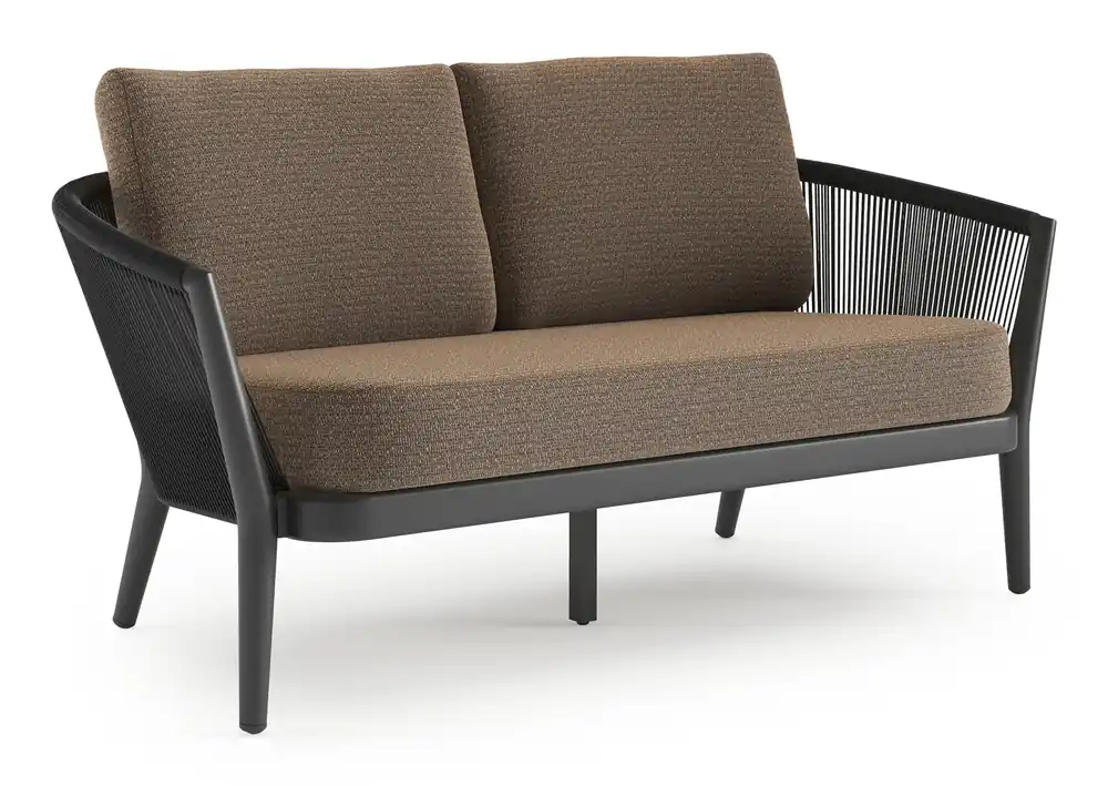 Lage Prijs Orso loungebank in zwart aluminium en zwart verticaal geweven ronde rope met Firenze Bamboe all weather solica kussen