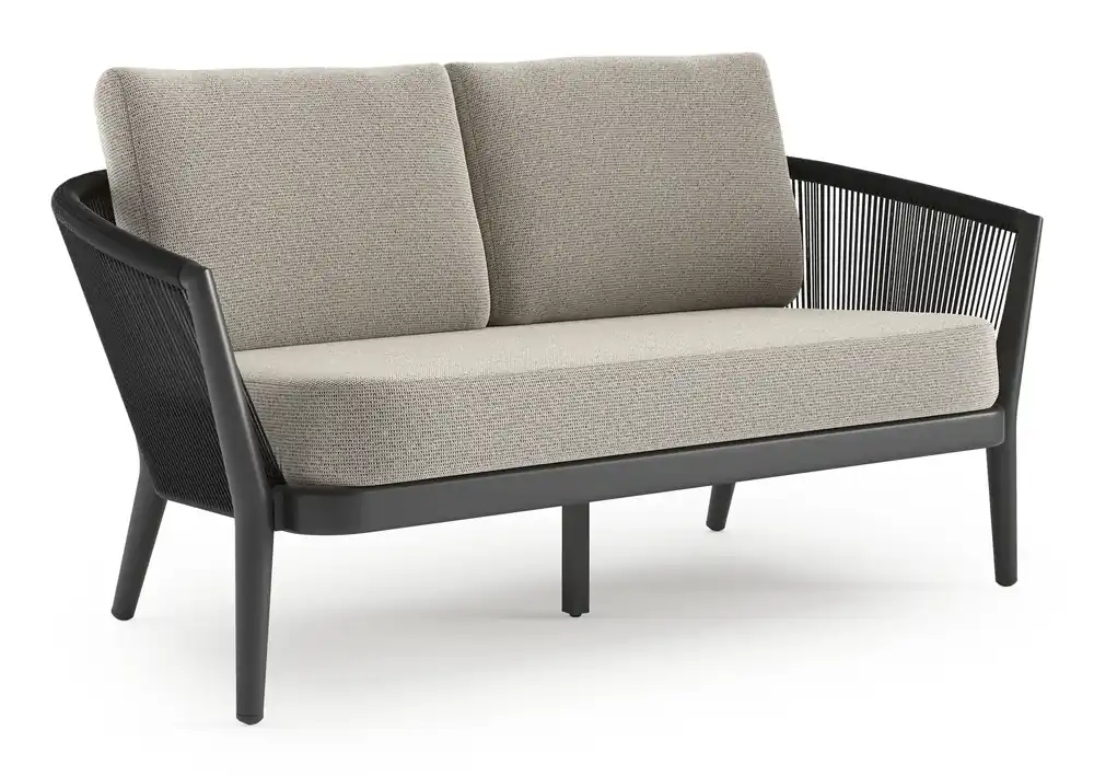 Orso loungebank in zwart aluminium en zwart verticaal geweven ronde rope met Firenze Sand all weather solica kussen Populair