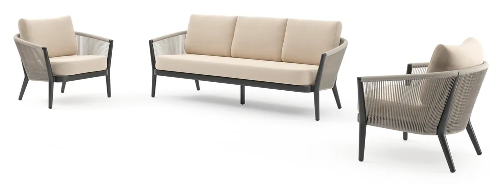 Orso loungeset in zwart aluminium en beige verticaal geweven ronde rope met Heritage Papyrus all weather sunbrella® luxe kussen Uitverkoop
