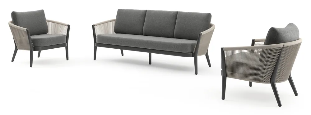 Fabrieksprijs Orso loungeset in zwart aluminium en beige verticaal geweven ronde rope met Catania Black all weather cosytica kussen