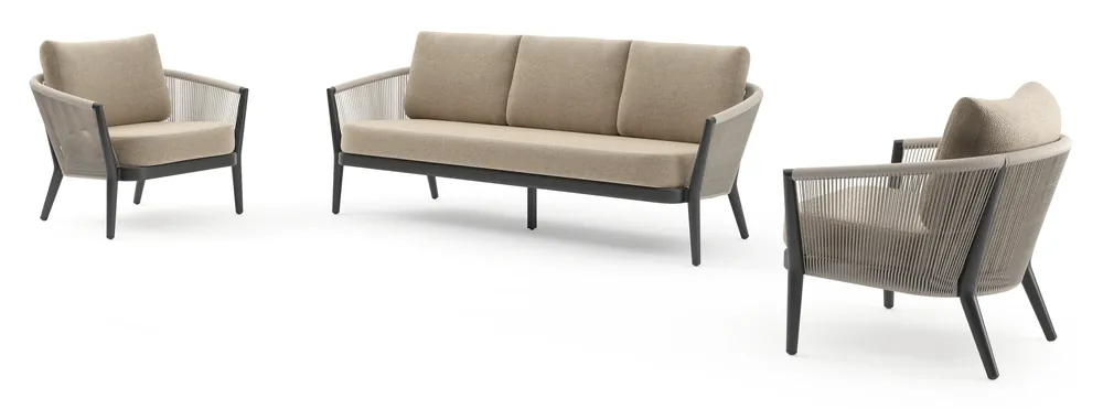 Orso loungeset in zwart aluminium en beige verticaal geweven ronde rope met Madagascar Oak all weather cosytica kussen Bestseller