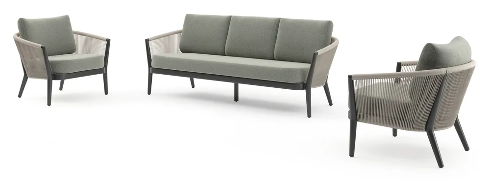 Alleen Vandaag Orso loungeset in zwart aluminium en beige verticaal geweven ronde rope met Savane Leaf all weather sunbrella® luxe kussen