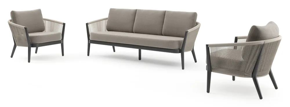 Premium Orso loungeset in zwart aluminium en beige verticaal geweven ronde rope met Lopi Pepper all weather sunbrella® luxe kussen