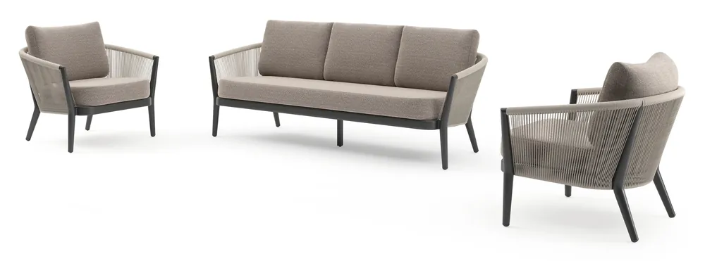 Rechtstreeks Van De Fabrikant Orso loungeset in zwart aluminium en beige verticaal geweven ronde rope met Wander Manioc all weather sunbrella® luxe kussen