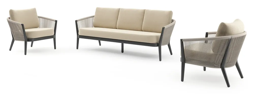 Orso loungeset in zwart aluminium en beige verticaal geweven ronde rope met Soul Papyrus all weather solica kussen Nieuw