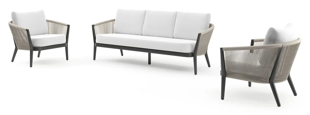 Shop Nu Orso loungeset in zwart aluminium en beige verticaal geweven ronde rope met Ego Birch all weather solica kussen